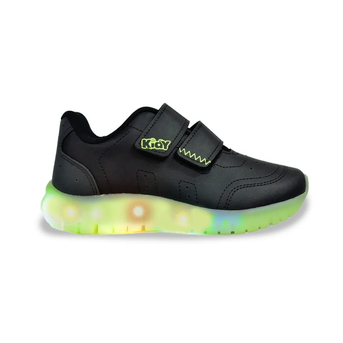 Tênis infantil Kidy preto com LED no solado e fechamento em velcro